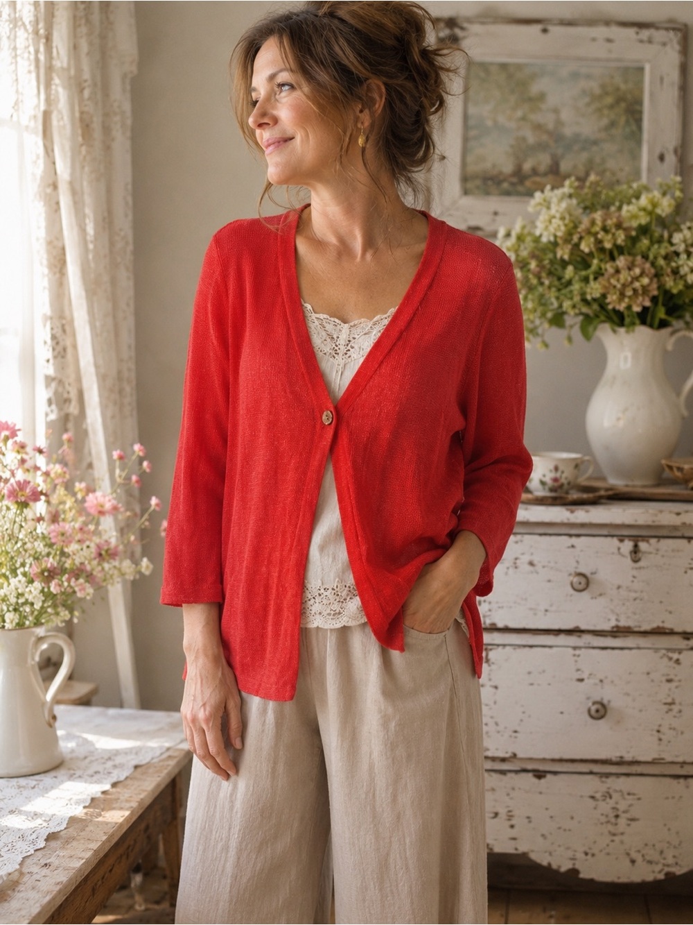 J. Jill Linen Blend Tomato Red Cardigan | Lightweight Relaxed Sweater Large